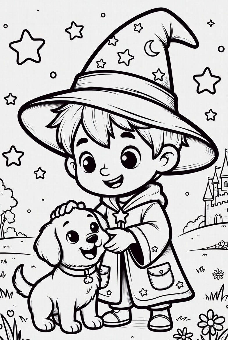 Coloring Pages featuring young wizard boy with animals