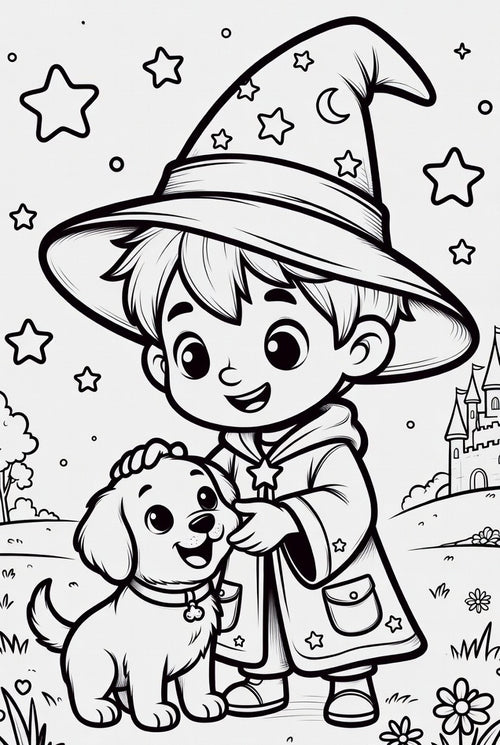 Coloring Pages featuring young wizard boy with animals