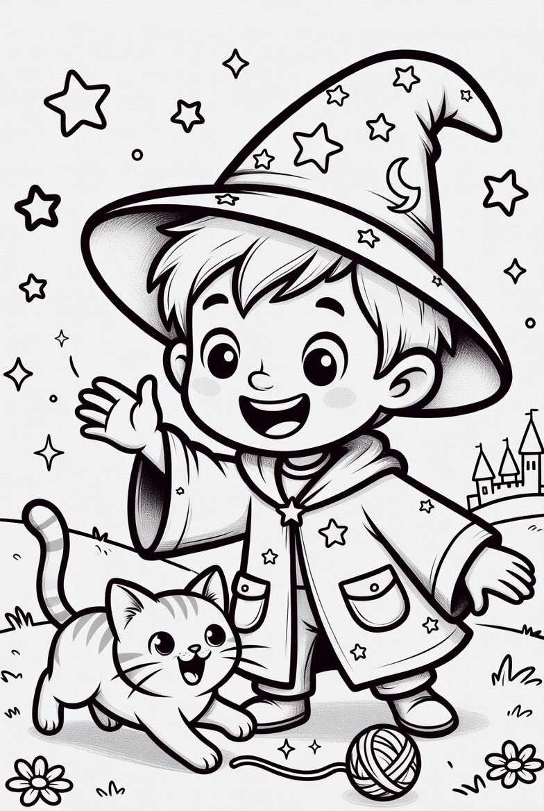 Coloring Pages featuring young wizard boy with animals