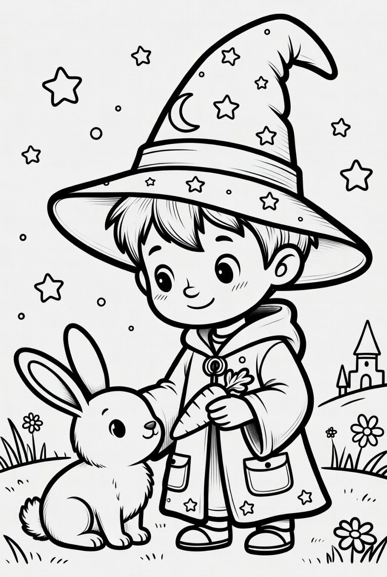 Coloring Pages featuring young wizard boy with animals