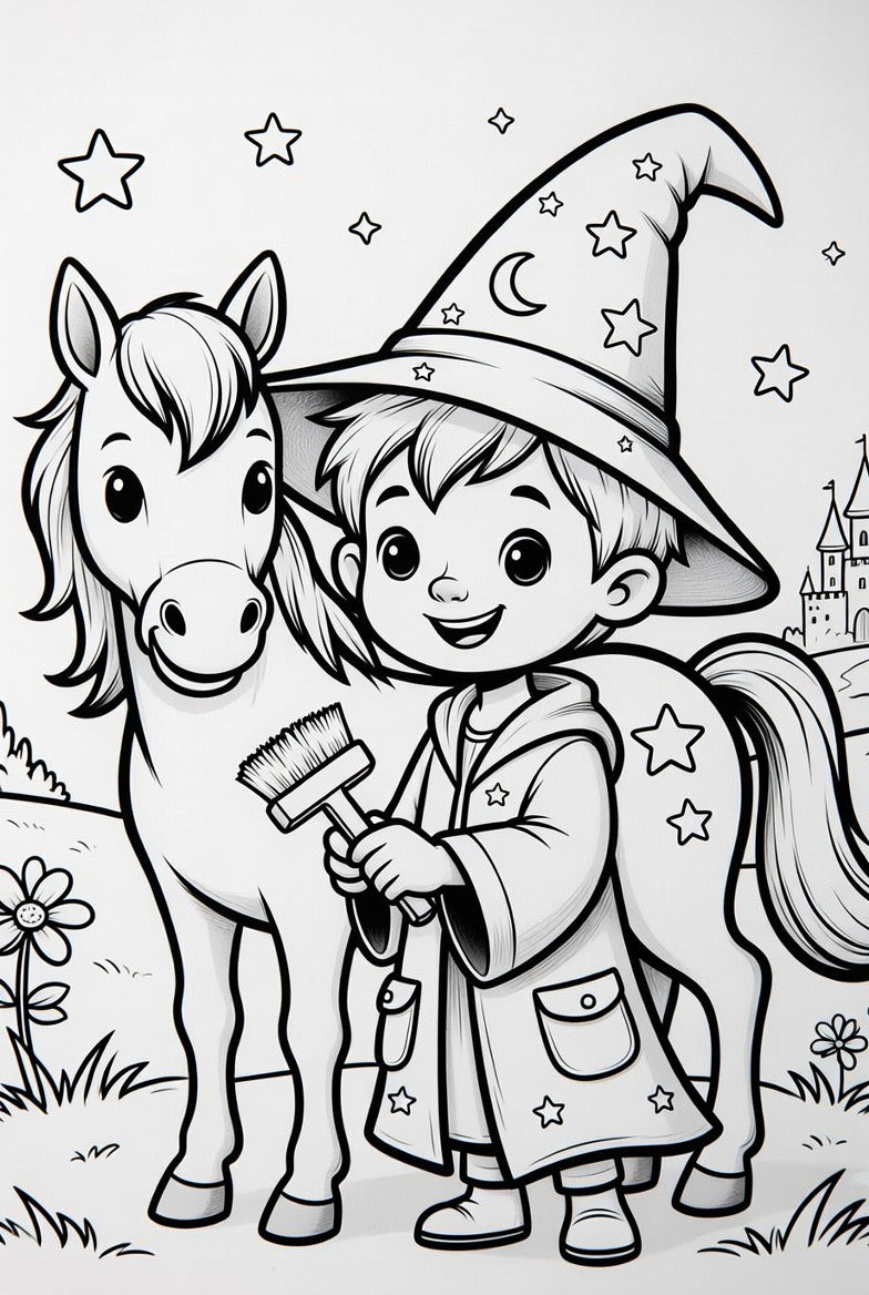 Coloring Pages featuring young wizard boy with animals