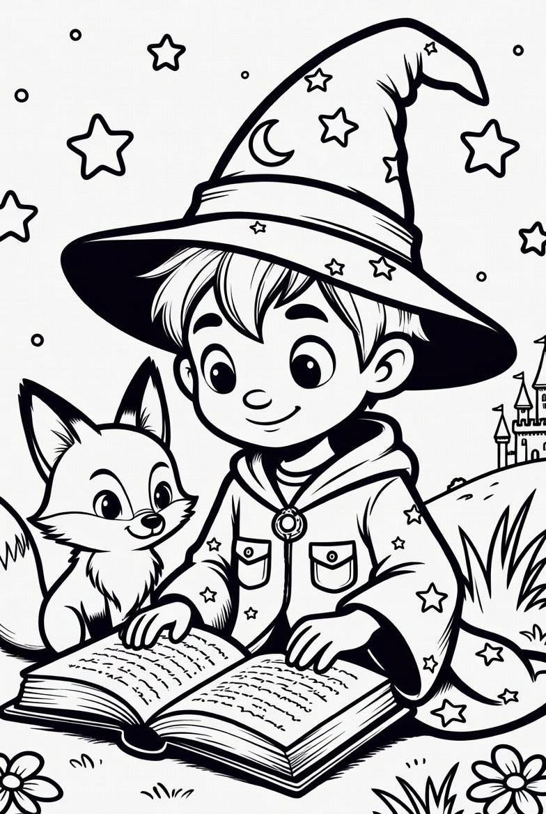Coloring Pages featuring young wizard boy with animals