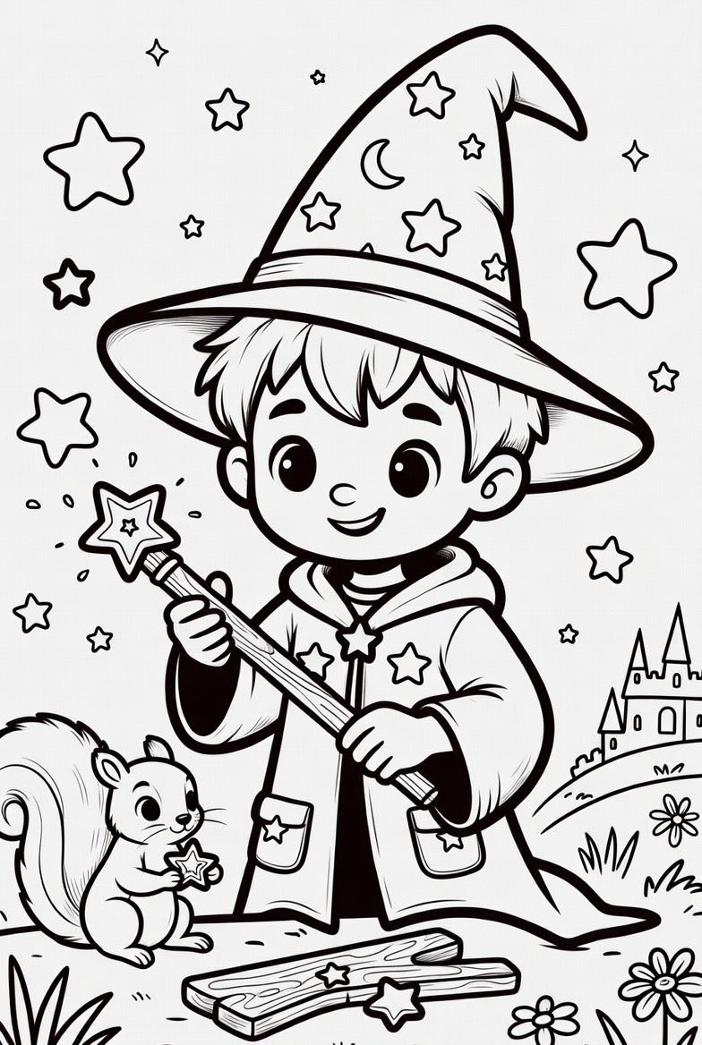 Coloring Pages featuring young wizard boy with animals