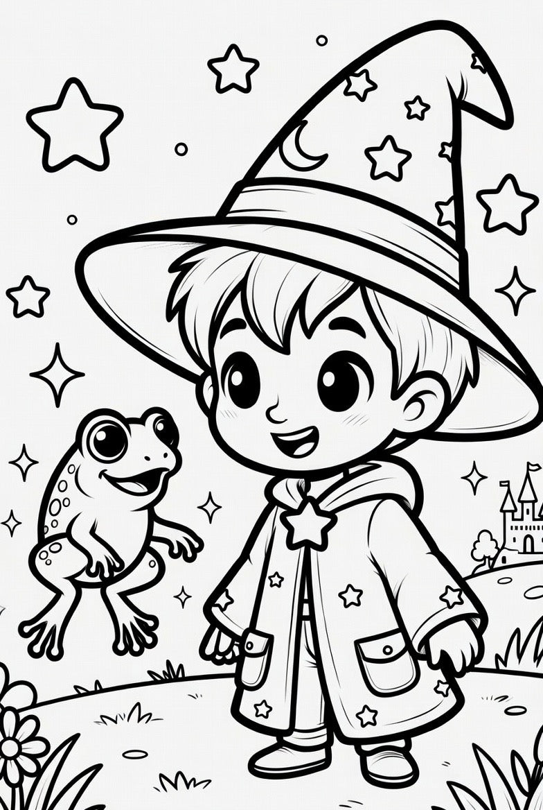 Coloring Pages featuring young wizard boy with animals