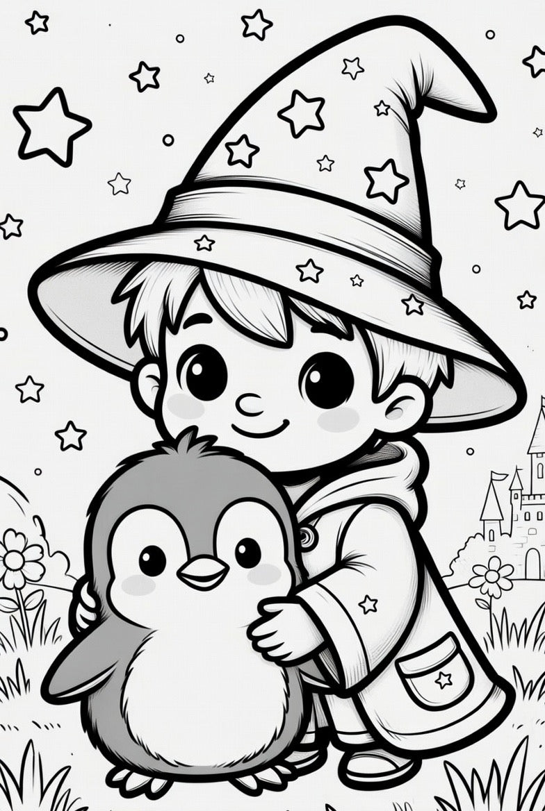 Coloring Pages featuring young wizard boy with animals