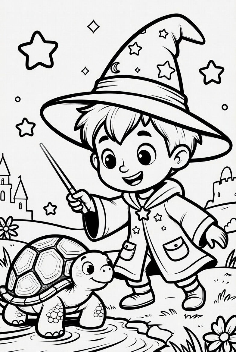 Coloring Pages featuring young wizard boy with animals