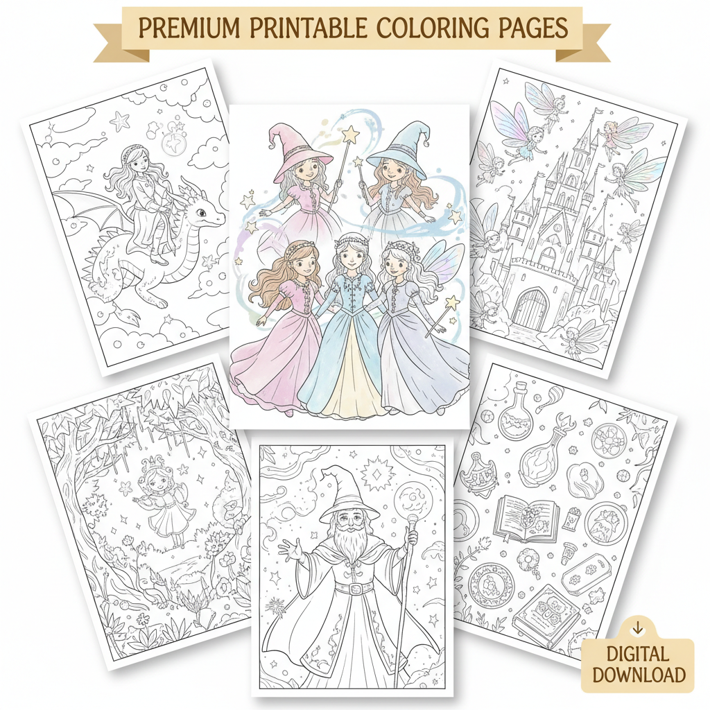 Magical Girls Coloring Pack – Wizards & Fairies (6 Pages)