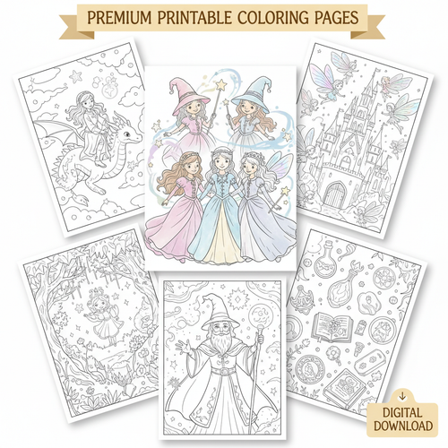 Magical Girls Coloring Pack – Wizards & Fairies (6 Pages)
