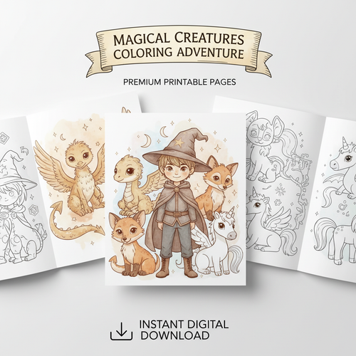 Coloring Pages featuring young wizard boy with animals